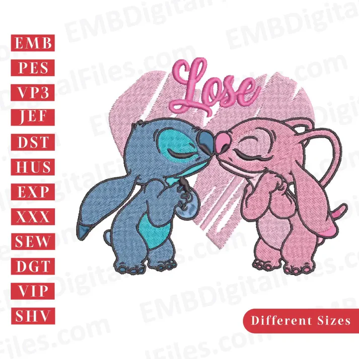 Stitch and angel heart embroidery file,