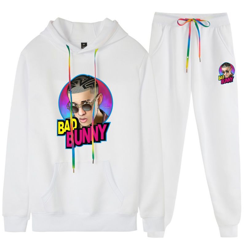 Bad Bunny Printed Kangaroo Pocket White Tracksuit