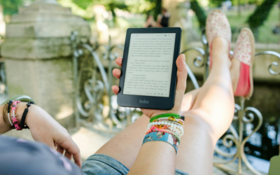 Image depicting a digital library with e-books and reading devices