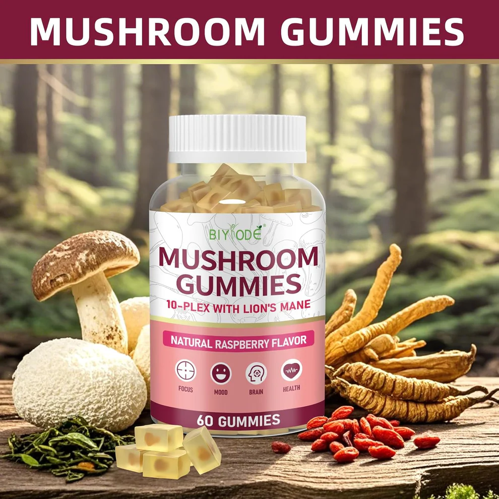 "10x Mushroom Gummies displayed with fresh Creatine Monohydrate Gummies