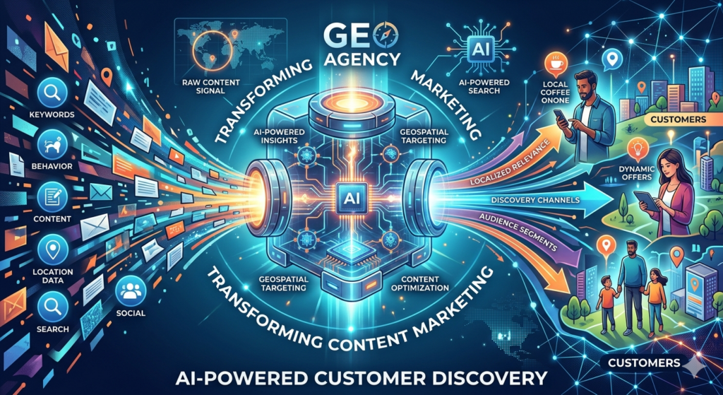 A vibrant, futuristic infographic illustrating how a GEO Agency transforms content marketing.