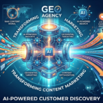 A vibrant, futuristic infographic illustrating how a GEO Agency transforms content marketing.