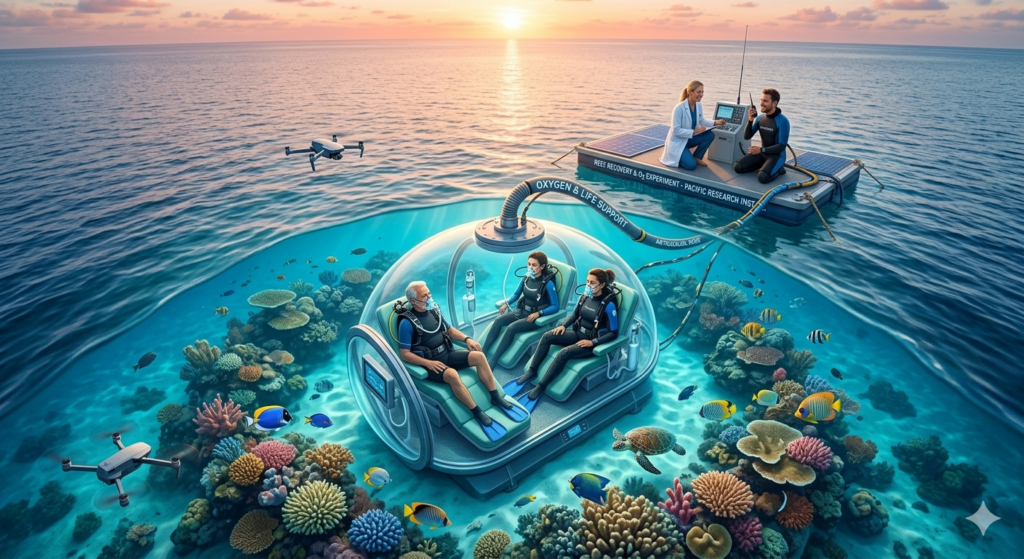 A conceptual, semi-submerged hyperbaric chamber sitting on a vibrant coral reef in Honolulu, Hawaii. Inside the transparent dome, scuba divers sit in comfortable reclining seats while receiving oxygen therapy. Above the surface, a support barge with a medical professional and support staff monitors the system against a scenic ocean sunset background.