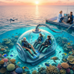 A conceptual, semi-submerged hyperbaric chamber sitting on a vibrant coral reef in Honolulu, Hawaii. Inside the transparent dome, scuba divers sit in comfortable reclining seats while receiving oxygen therapy. Above the surface, a support barge with a medical professional and support staff monitors the system against a scenic ocean sunset background.